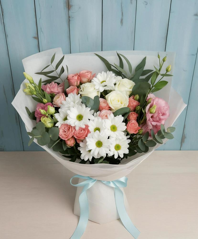 Букет цветов из: Розы, Лизиантусы и Хризантемы в Пижанке