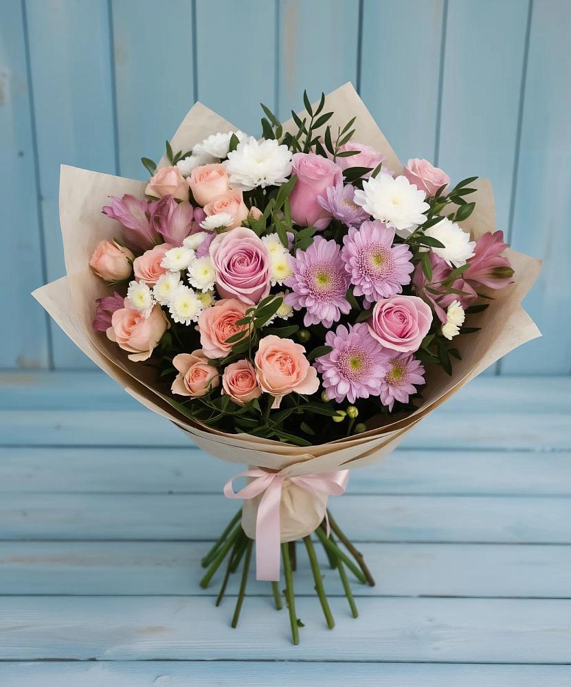 Букет цветов из: Хризантемы, Розы и Альстромерии в Пижанке
