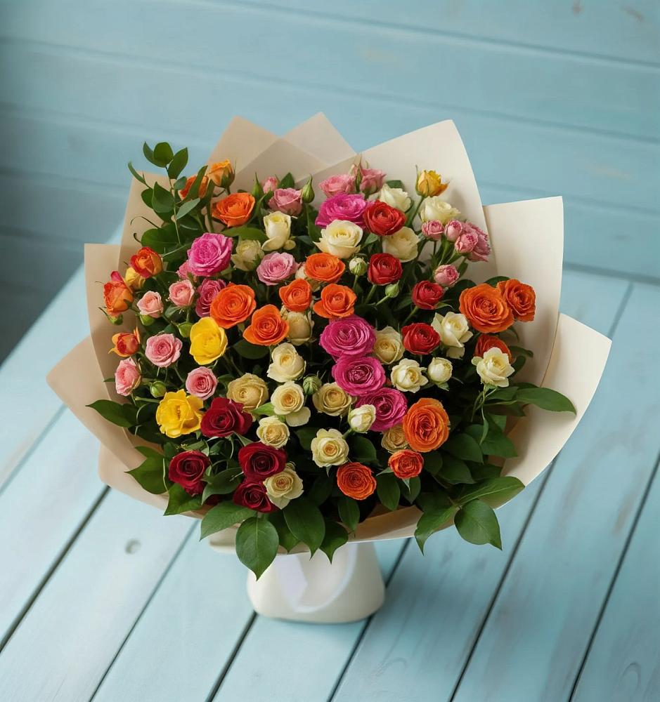 Букет Микс из разноцветных кустовых роз в Пижанке