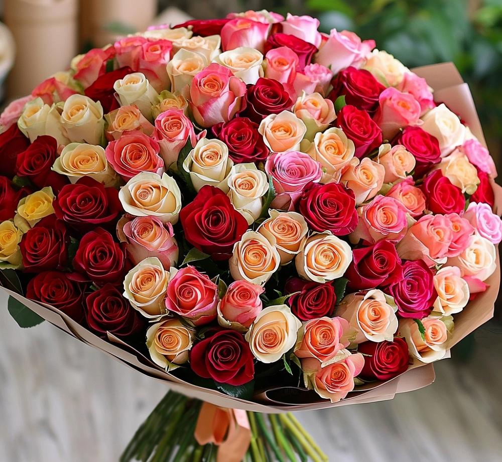 Букет 101 Разноцветная роза в Пижанке