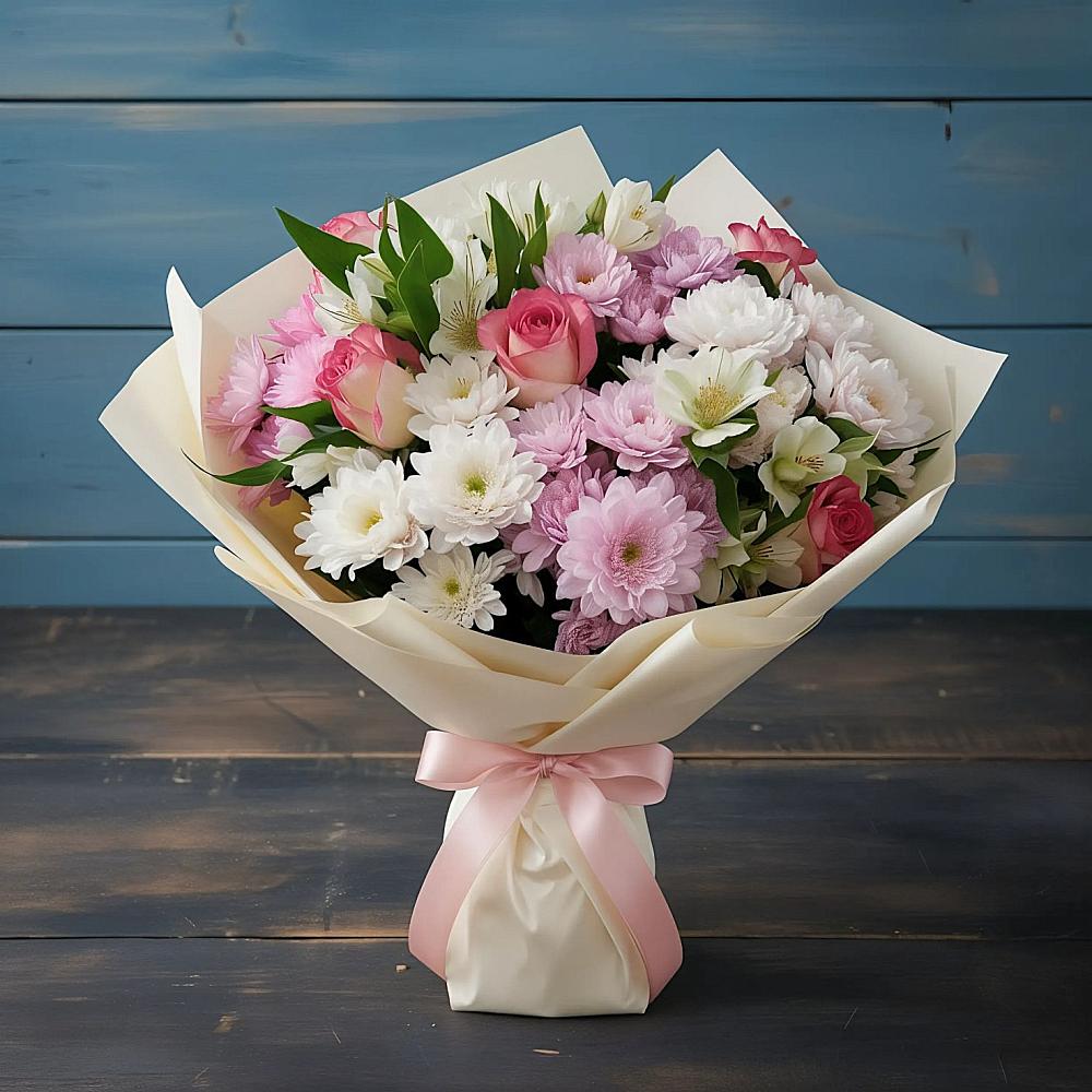 Букет цветов из: Хризантемы, Альстромерии и Розы в Пижанке